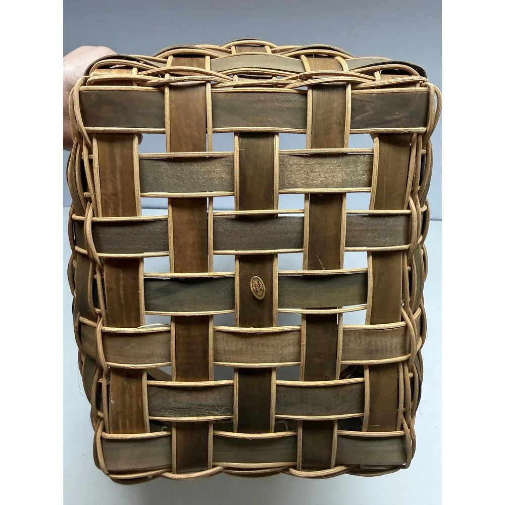 Hand Woven Wood Splint Basket with Handle Two Tone Brown Farmhouse Decor 13.5in